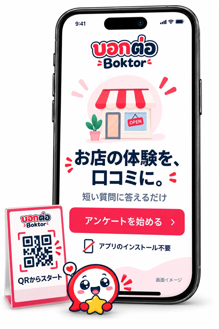 QRからお店のページを開き、アンケートを始める画面イメージ。アプリのインストールは不要。
