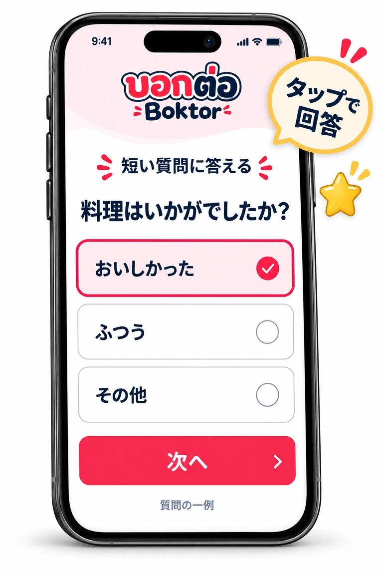 短い質問の選択肢をタップして回答する画面イメージ。料理についての質問例。